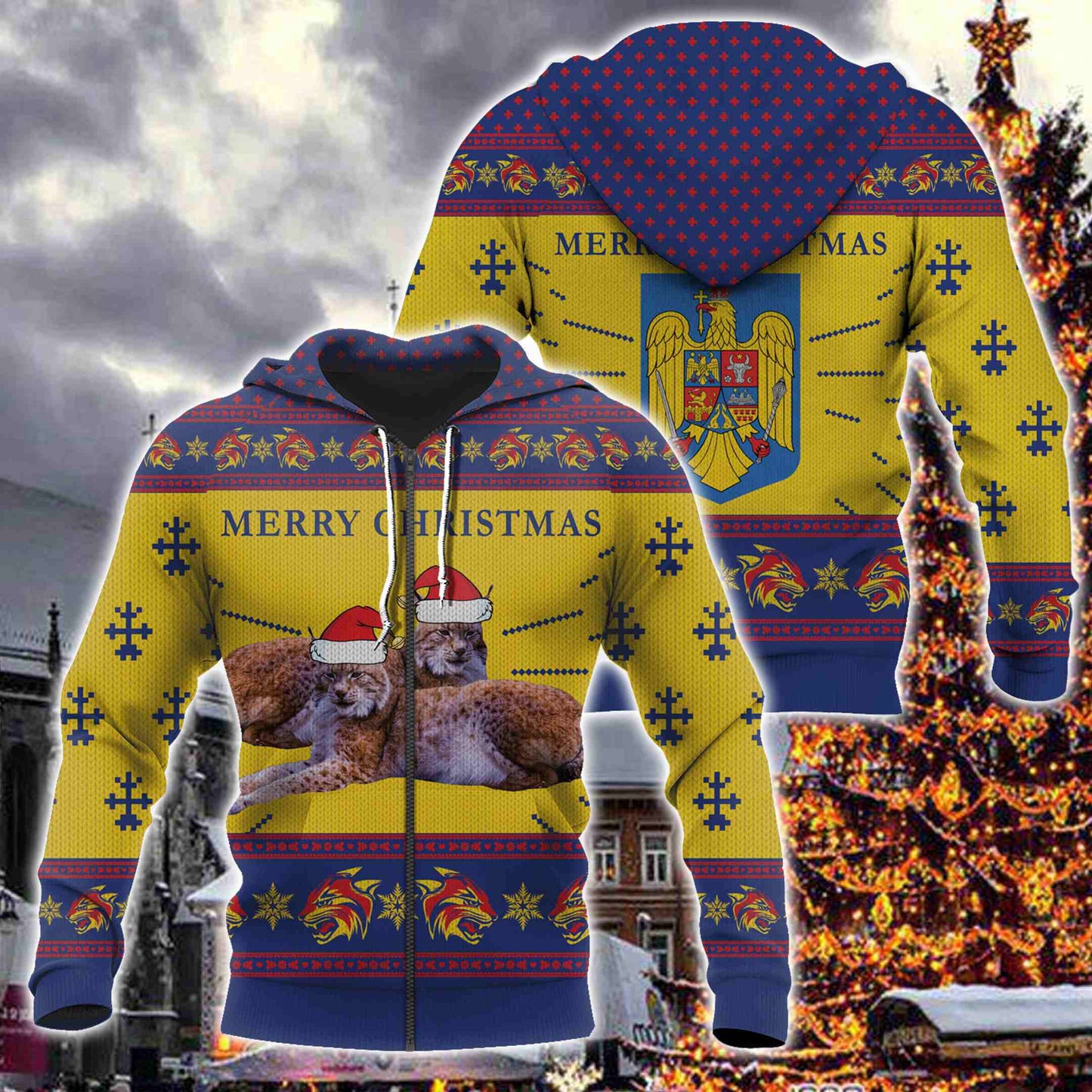 Romania-Merry Christmas-Santa Claus-Lynx Unisex Adult Hoodies