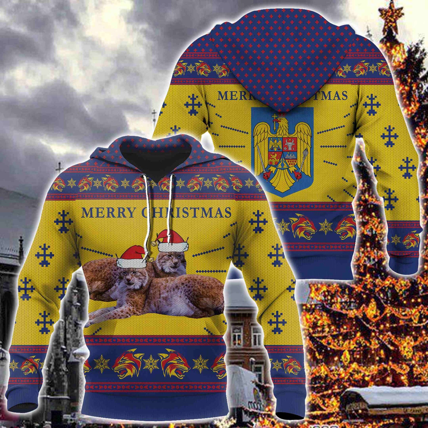 Romania-Merry Christmas-Santa Claus-Lynx Unisex Adult Hoodies