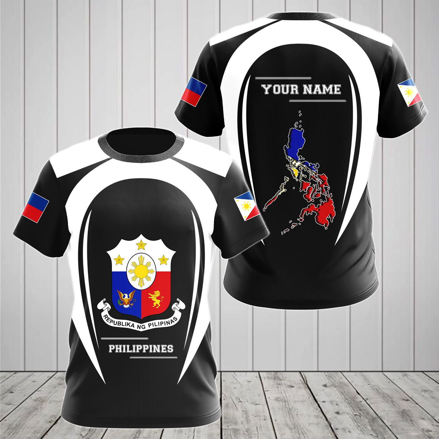 Personnalisez la carte des Philippines et les armoiries V2 T-shirts unisexes pour adultes