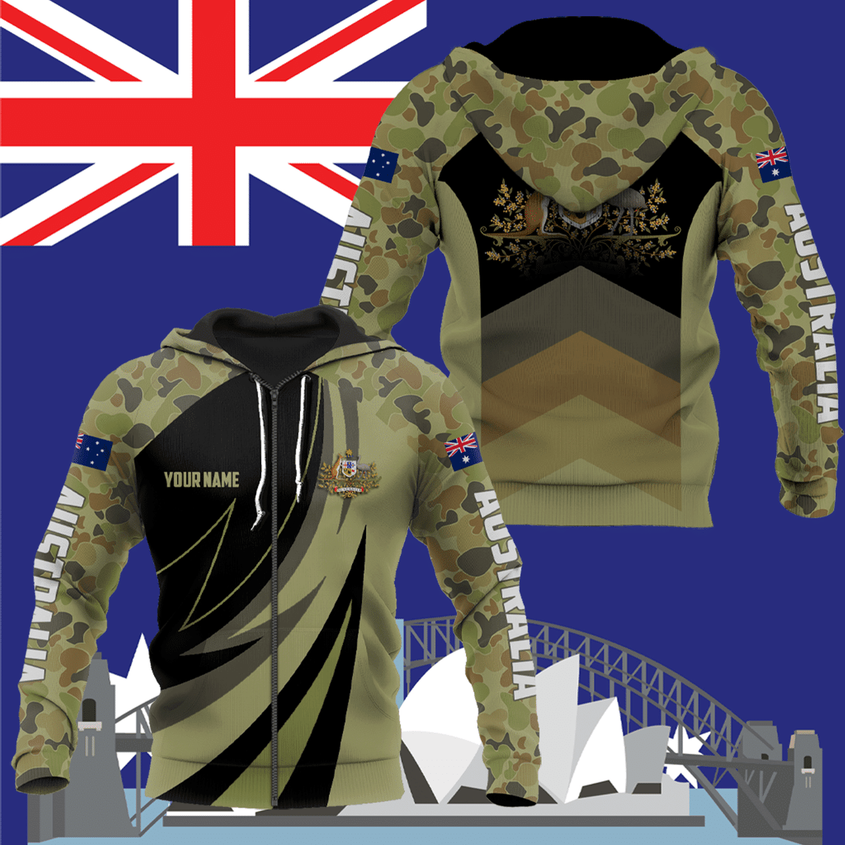 Personnalisez les chemises unisexes pour adultes avec camouflage sportif et armoiries de l'Australie