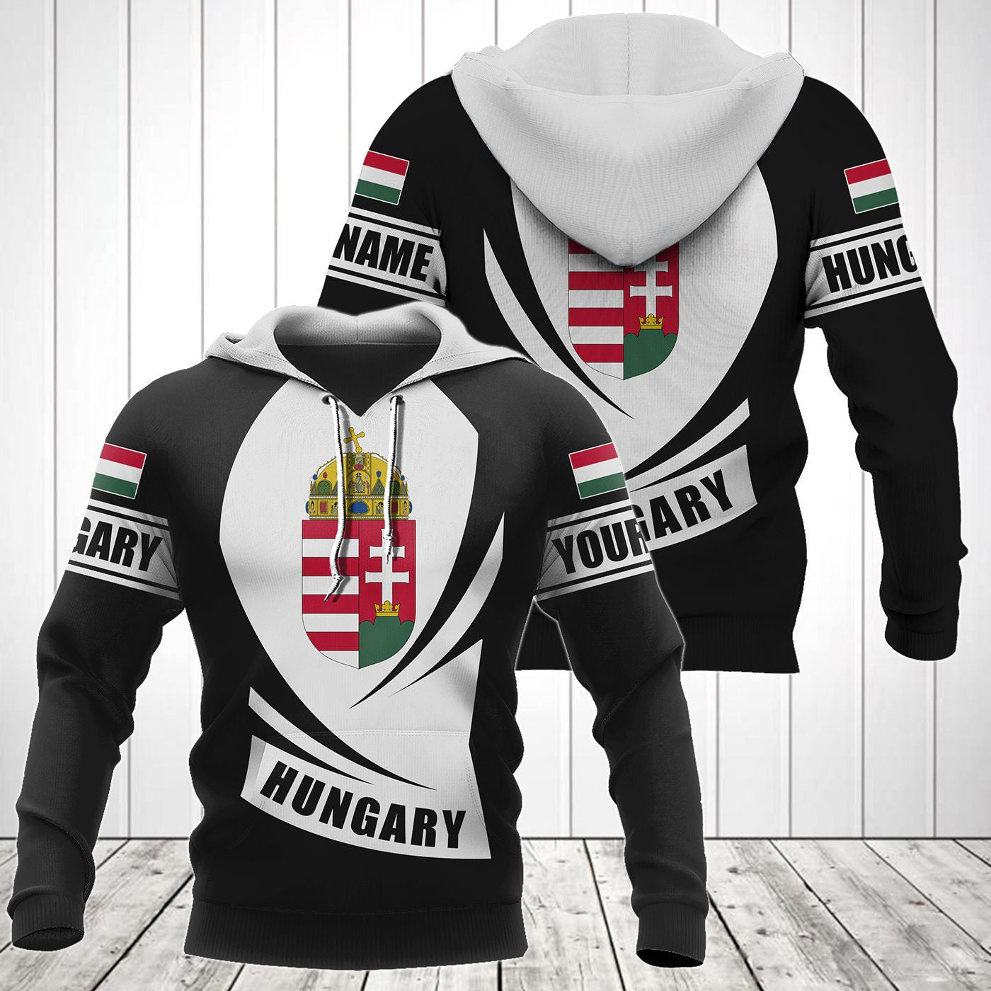 Customize Hungary Coat Of Arms Flag - Black Form Unisex Adult Hoodies