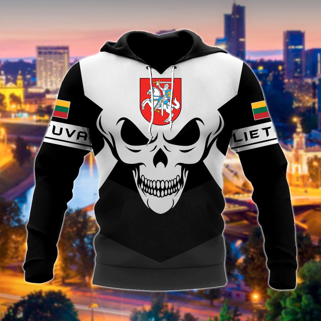 Lithuania Coat Of Arms Skull - Black And White Unisex Adult Hoodies