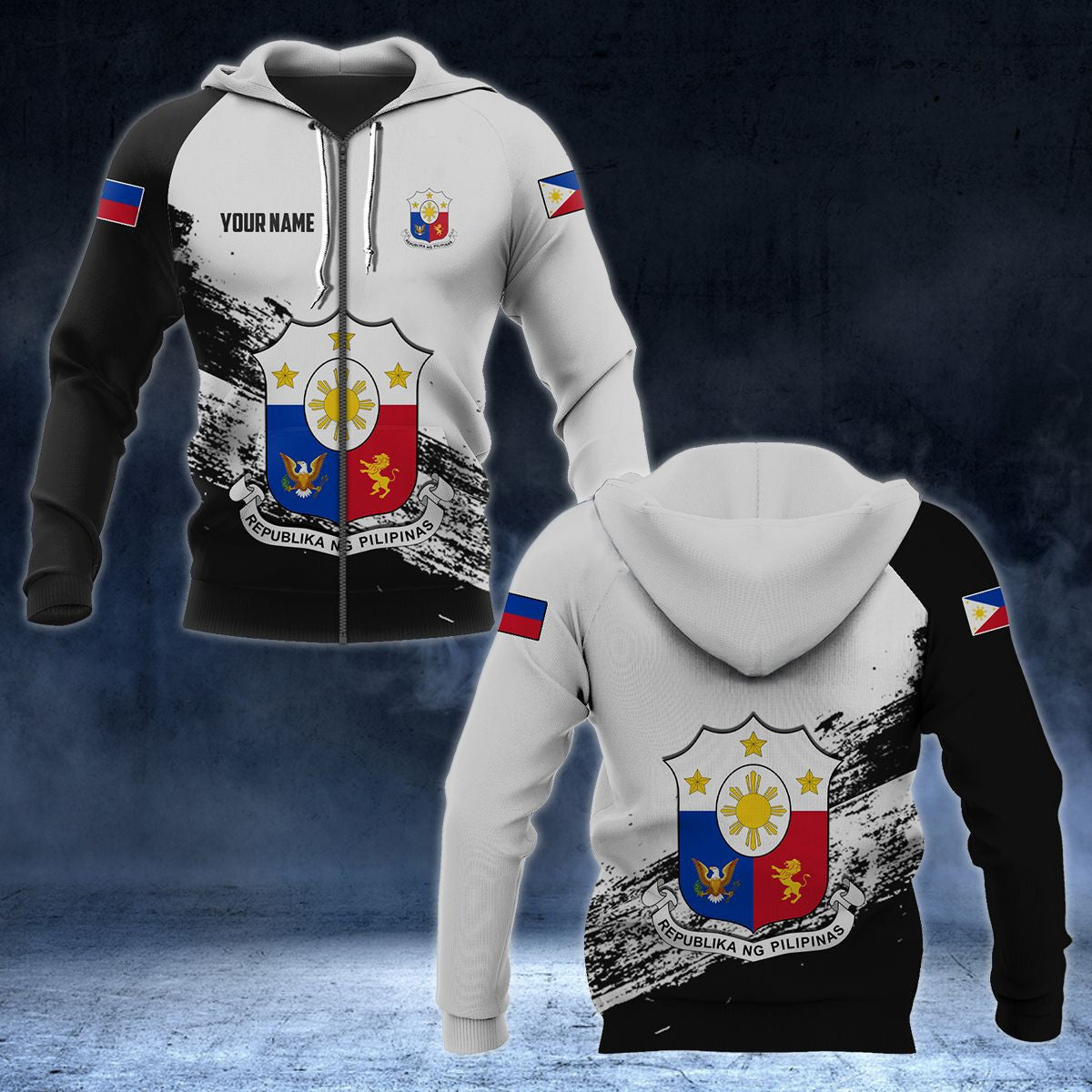 Sweat à capuche unisexe noir et blanc personnalisable avec armoiries des Philippines