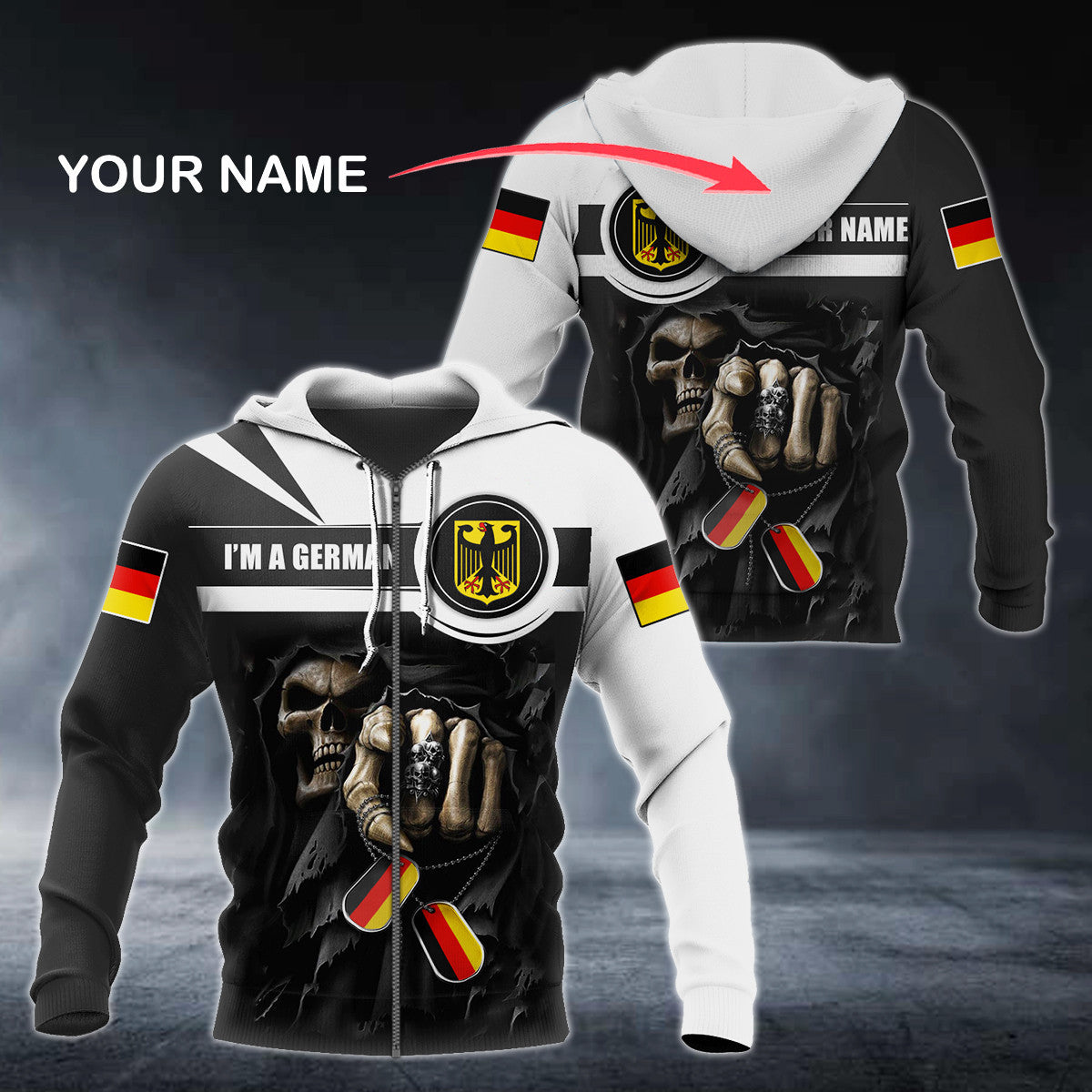 Benutzerdefinierter Name Ich bin ein deutscher Totenkopf 3D Hoodies