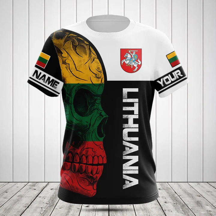 Customize Lithuania Skull Flag 3D Black And White Shirts