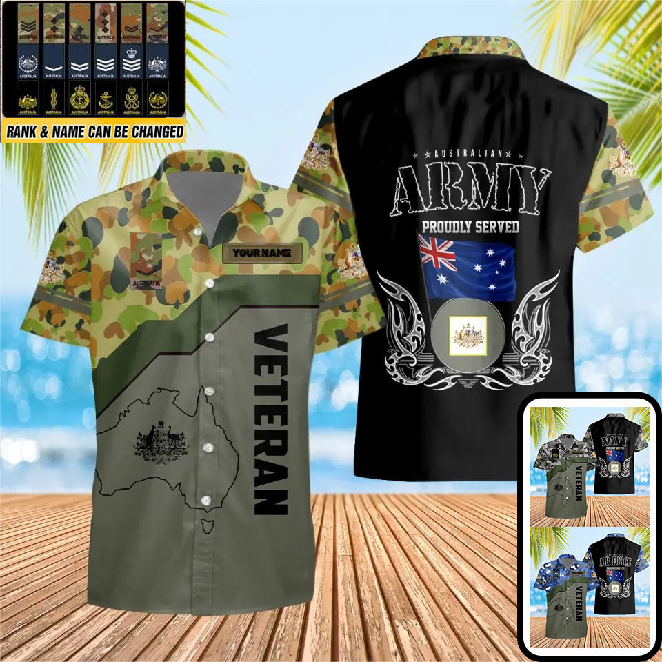 T-shirt Hawaïen personnalisé avec camouflage de soldat/vétéran australien avec nom et grade imprimé en 3D - 0604230001