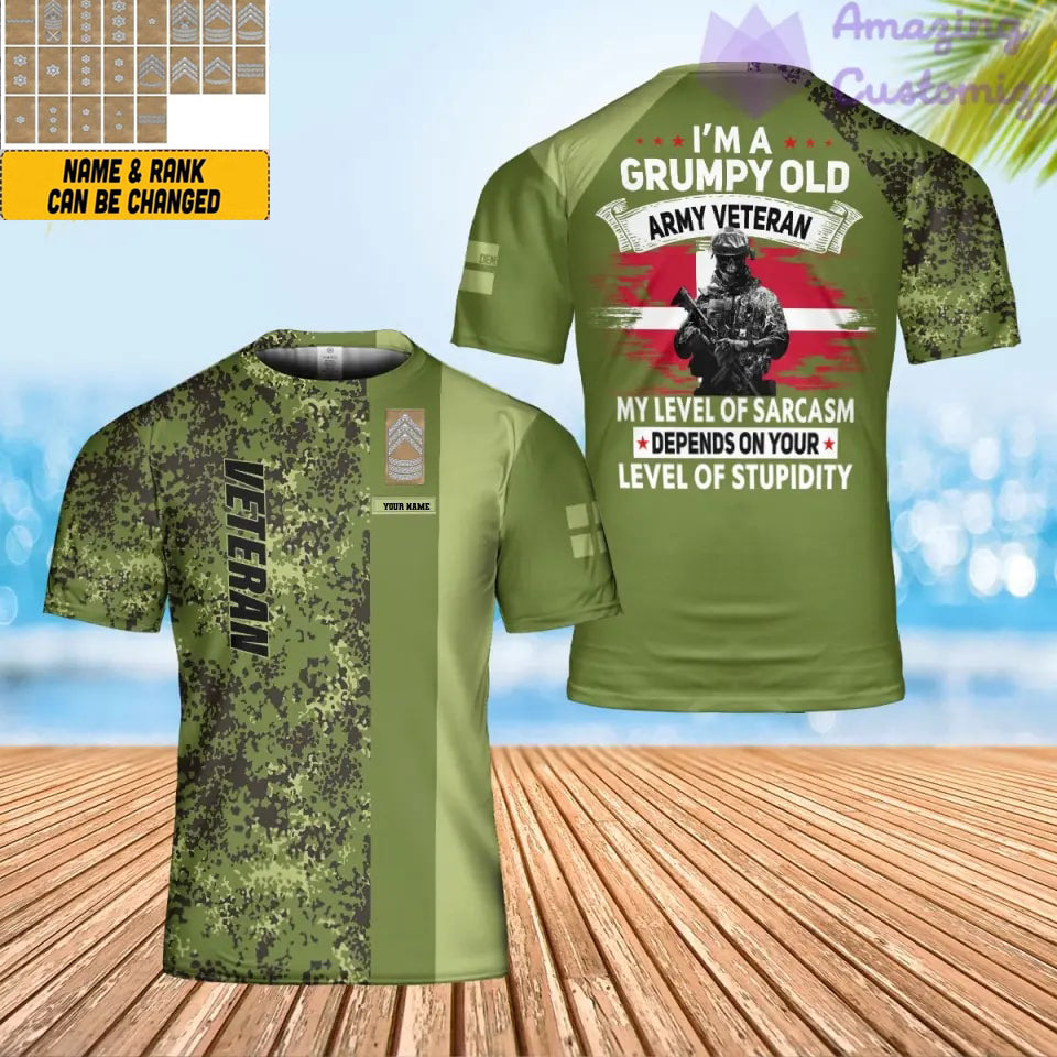 T-shirt personnalisé avec camouflage soldat/vétéran du Danemark avec nom et grade imprimé en 3D - 0302240002