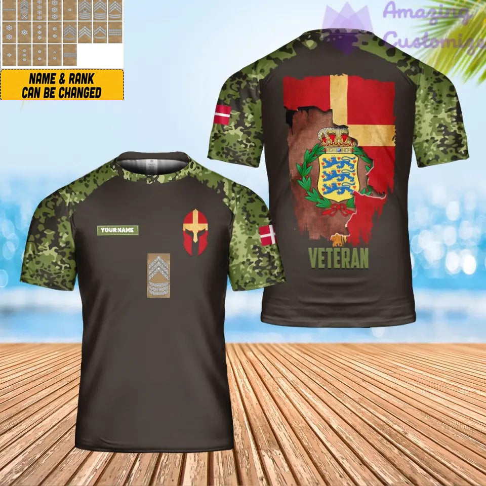 T-shirt personnalisé avec camouflage soldat/vétéran du Danemark avec nom et grade imprimé en 3D - 0102240003