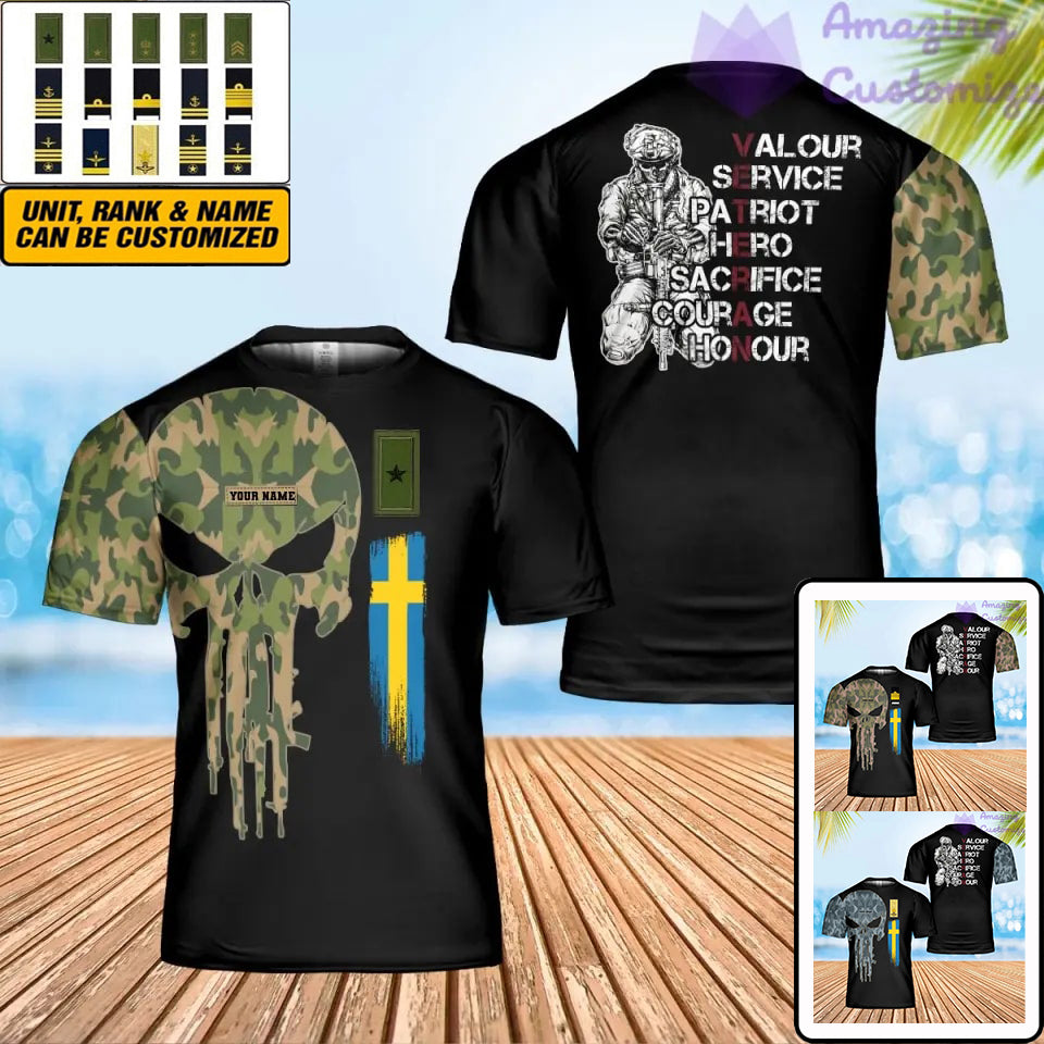 Personalisiertes schwedisches Soldat/Veteranen-Tarn-T-Shirt mit Namen und Rang, 3D-Druck – 0202240001