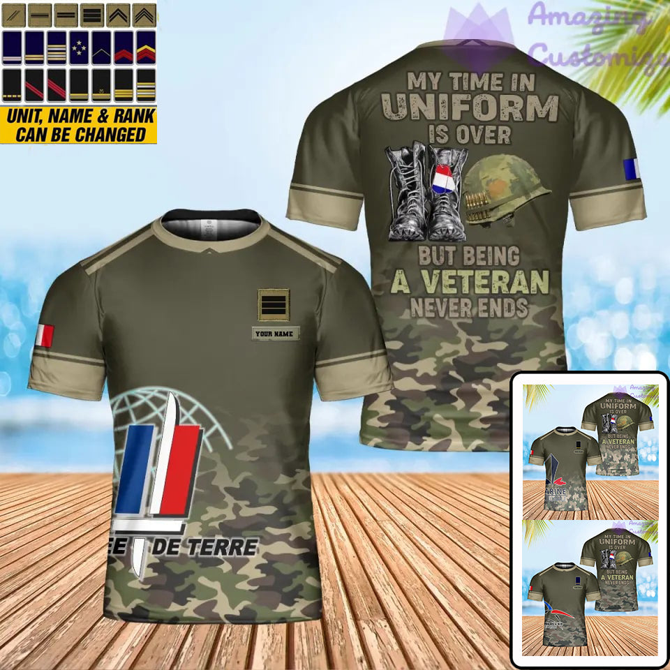 Personalisiertes T-Shirt mit französischem Soldaten-/Veteranen-Tarnmuster mit Namen und Rang, 3D-Druck – 1901240002