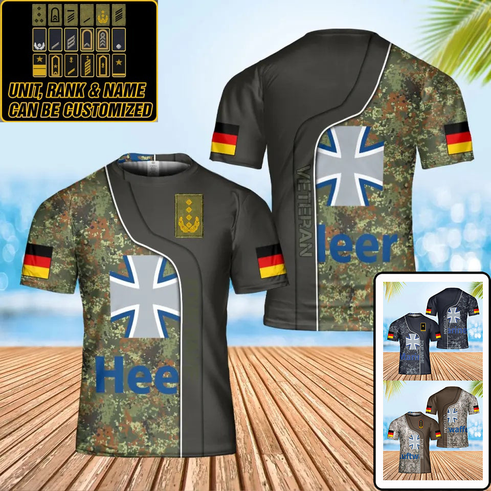 Personalisiertes T-Shirt mit deutschem Soldaten-/Veteranen-Tarnmuster mit Namen und Rang, 3D-Druck – 0202240001