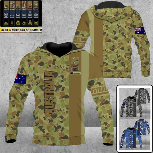 Personalisierter Kapuzenpullover mit Camouflage-Muster für australische Soldaten/Veteranen mit Namen und Rang, 3D-Druck – 1672185602