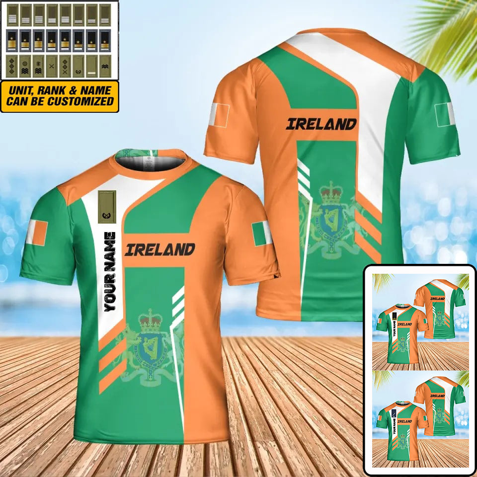 T-shirt personnalisé avec camouflage soldat/vétéran irlandais avec nom et grade imprimé en 3D - 0102240002