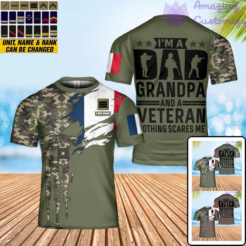 Personalisiertes T-Shirt mit französischem Soldaten-/Veteranen-Tarnmuster mit Namen und Rang, 3D-Druck – 2001240001