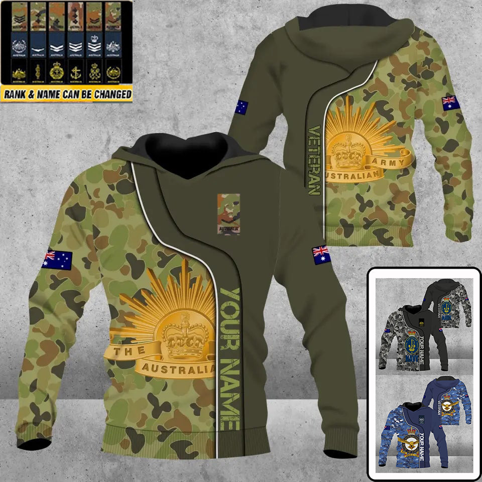 Sweat à capuche personnalisé avec camouflage soldat/vétéran australien avec nom et grade imprimé en 3D - 16941312