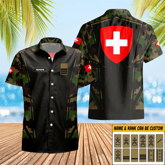 T-shirt Hawaï personnalisé avec camouflage soldat suisse/vétéran avec nom et grade imprimé en 3D - 1403230001