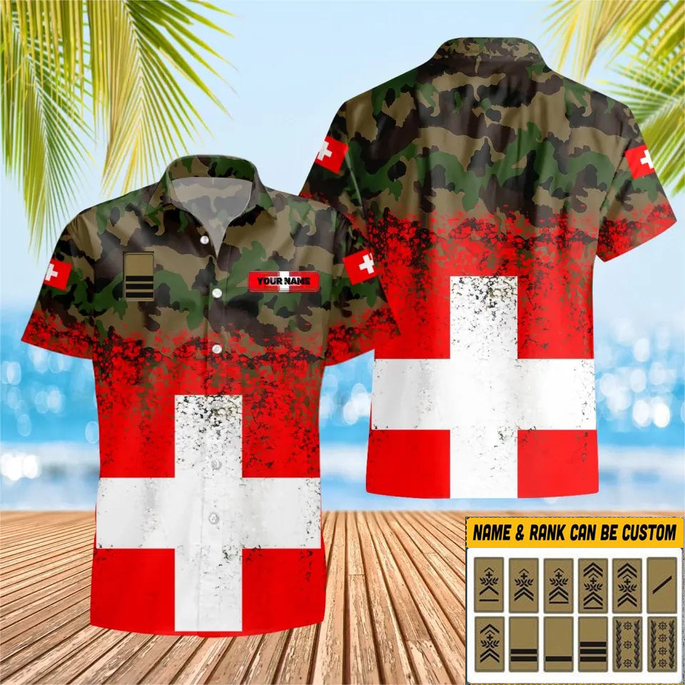 T-shirt Hawaï personnalisé avec camouflage soldat suisse/vétéran avec nom et grade imprimé en 3D - 2703230001