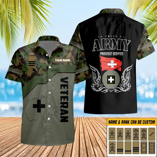 T-shirt Hawaï personnalisé avec camouflage soldat suisse/vétéran avec nom et grade imprimé en 3D - 0501230003