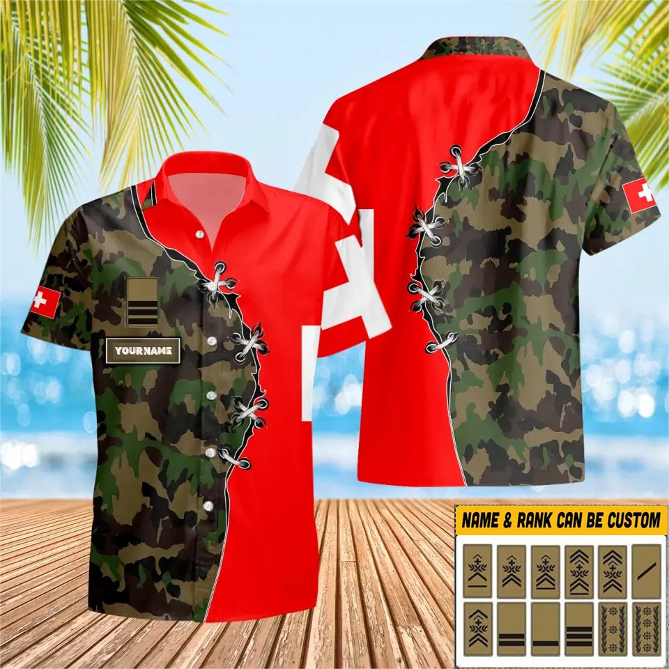 T-shirt Hawaï personnalisé avec camouflage soldat suisse/vétéran avec nom et grade imprimé en 3D - 1701230001