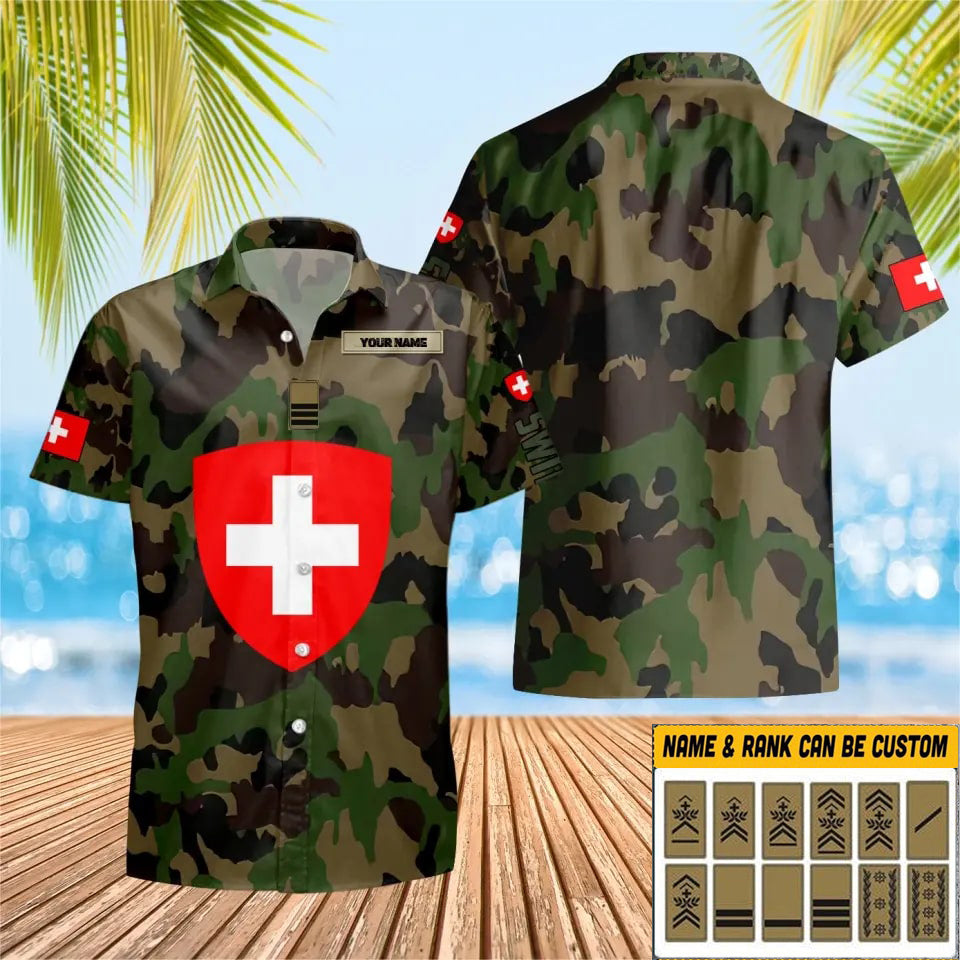 Personalisiertes Schweizer Soldat/Veteranen-Tarnhemd mit Namen und Rang, Hawaii-Hemd, 3D-Druck – 3003230001