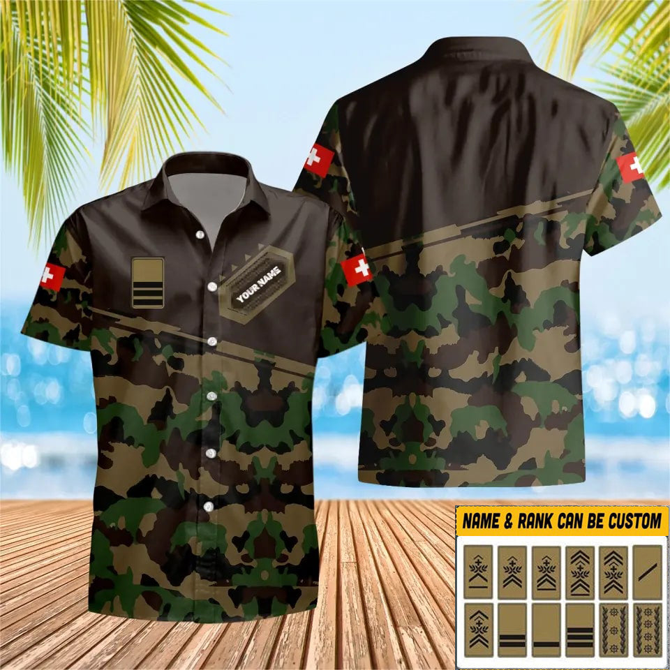 T-shirt Hawaï personnalisé avec camouflage soldat suisse/vétéran avec nom et grade imprimé en 3D - 1701230004