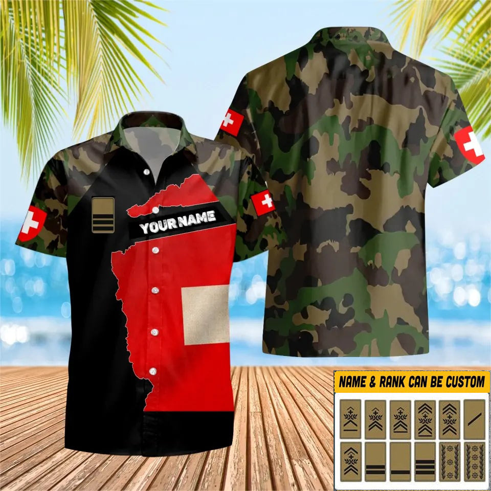 T-shirt Hawaï personnalisé avec camouflage soldat suisse/vétéran avec nom et grade imprimé en 3D - 1303230001