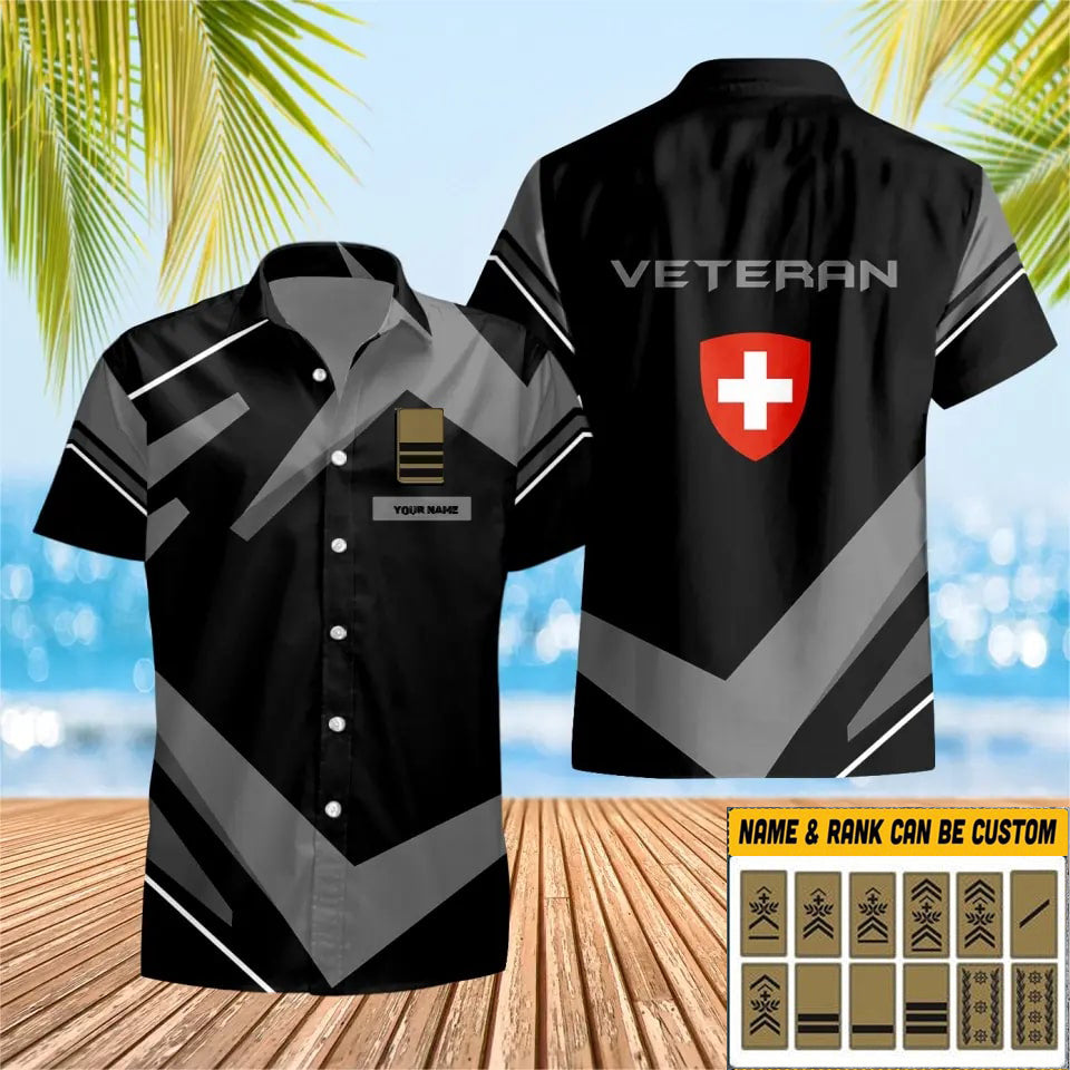 Personalisiertes Schweizer Soldat/Veteranen-Tarnhemd mit Namen und Rang, Hawaii-Hemd, 3D-Druck – 0404230004