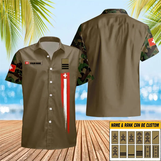 T-shirt Hawaï personnalisé avec camouflage soldat suisse/vétéran avec nom et grade imprimé en 3D - 0903230001