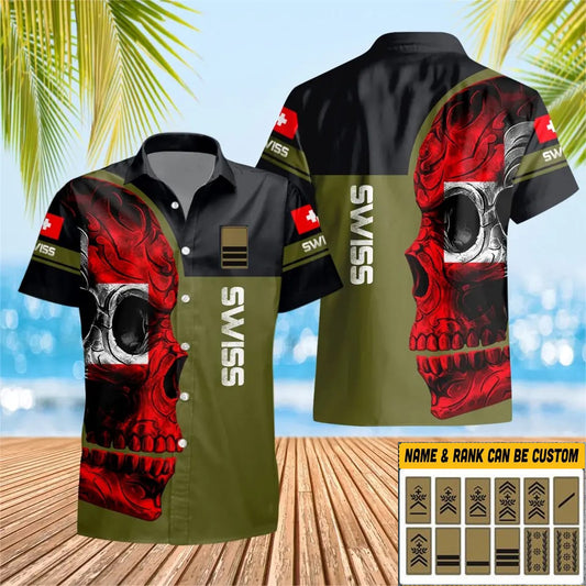 T-shirt Hawaï personnalisé avec camouflage soldat suisse/vétéran avec nom et grade imprimé en 3D - 0903230004