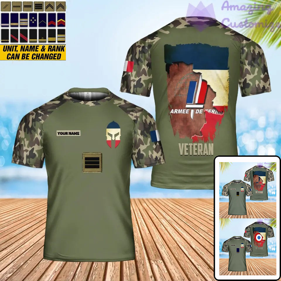 Personalisiertes T-Shirt mit Camouflage-Muster für französische Soldaten/Veteranen mit Namen und Rang, 3D-Druck – 2001240004