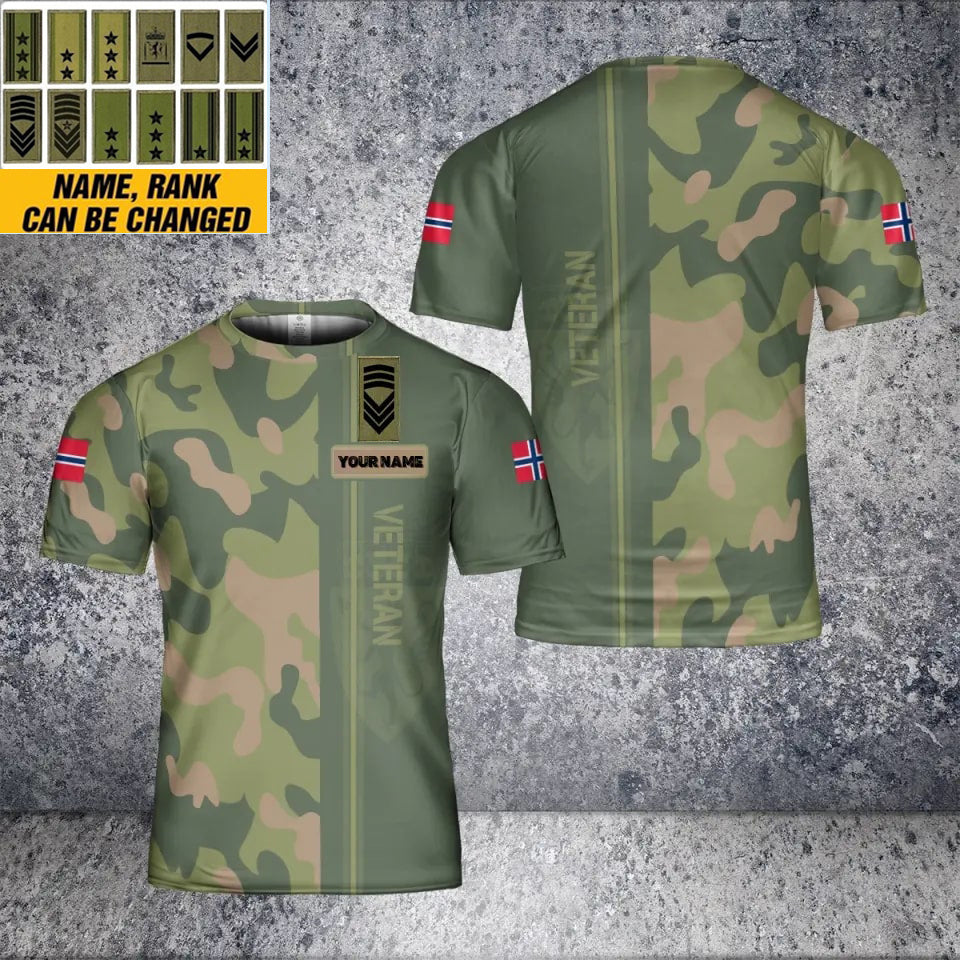 T-shirt personnalisé avec camouflage de soldat/vétéran norvégien avec nom et grade imprimé en 3D - 1901240001