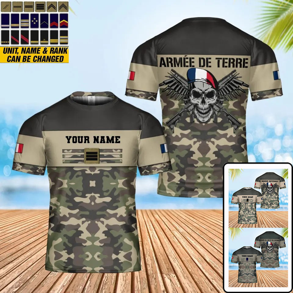 Personalisiertes T-Shirt mit französischem Soldaten-/Veteranen-Tarnmuster mit Namen und Rang, 3D-Druck – 0102240001