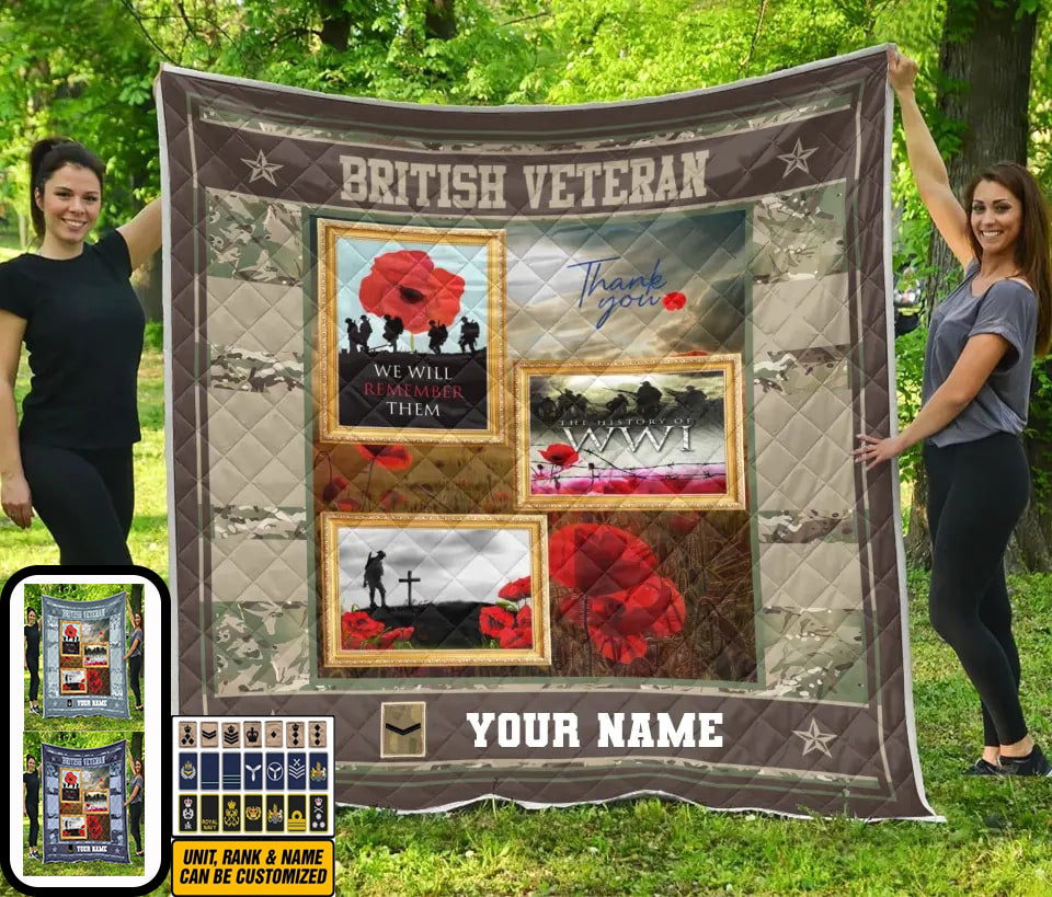 Personalized UK Soldier/ Veteran Camo With Name And Rank Quilt 3D Printed - 0908230001