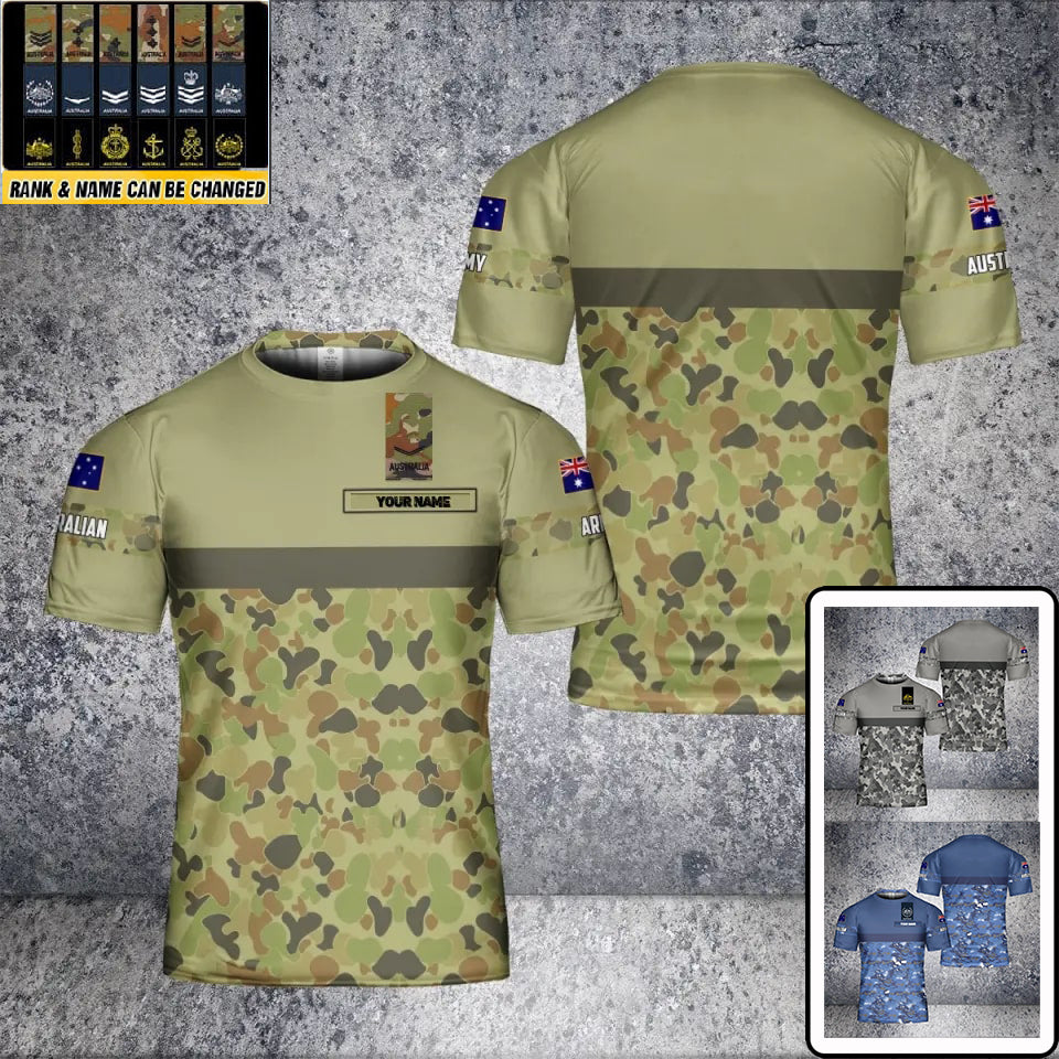 T-shirt personnalisé avec camouflage de soldat/vétéran australien avec nom et grade imprimé en 3D - 0601240005