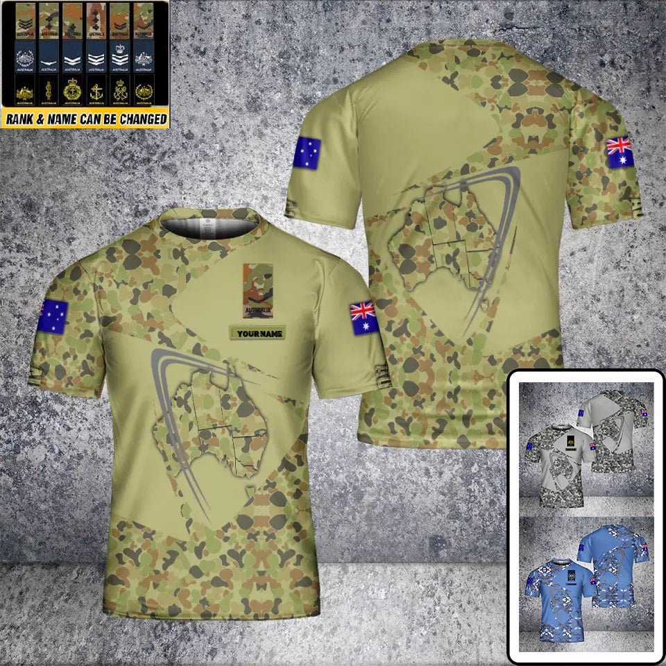 T-shirt personnalisé avec camouflage de soldat/vétéran australien avec nom et grade imprimé en 3D - 2001240003