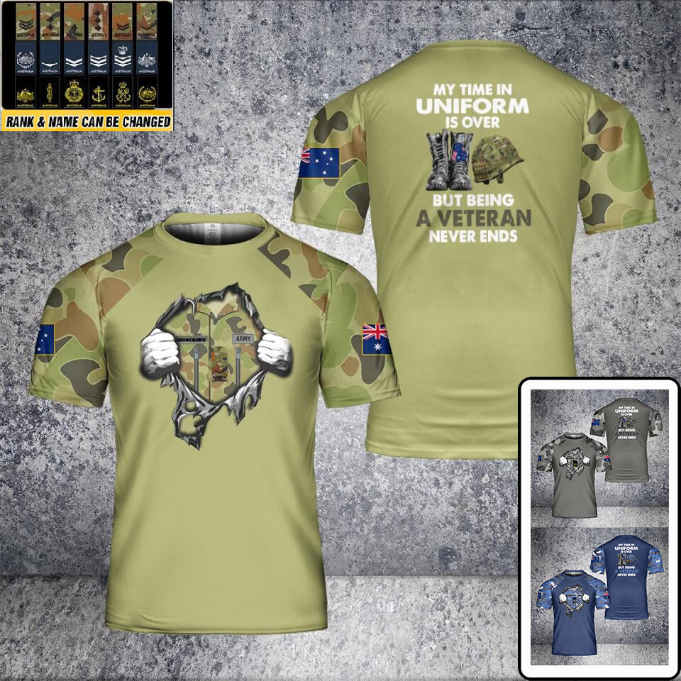 T-shirt personnalisé avec camouflage de soldat/vétéran australien avec nom et grade imprimé en 3D - 2101240005