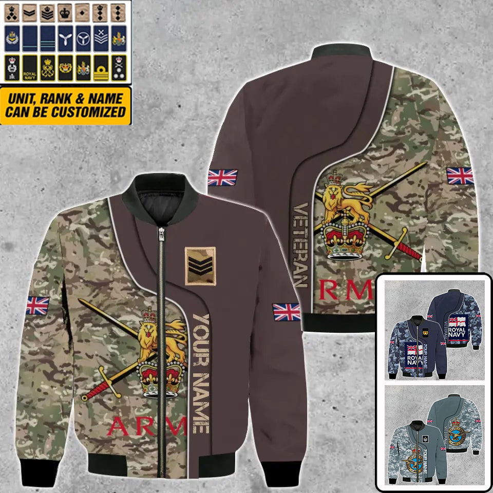 Personalisierte Bomberjacke mit Camouflage-Muster für britische Soldaten/Veteranen mit Namen und Rang, 3D-Druck – 2010230004