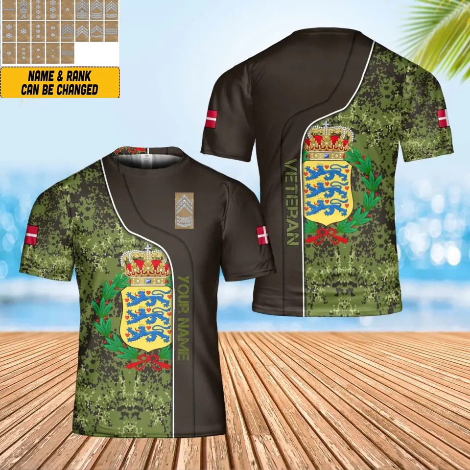 T-shirt personnalisé avec camouflage soldat/vétéran du Danemark avec nom et grade imprimé en 3D - 0402240002