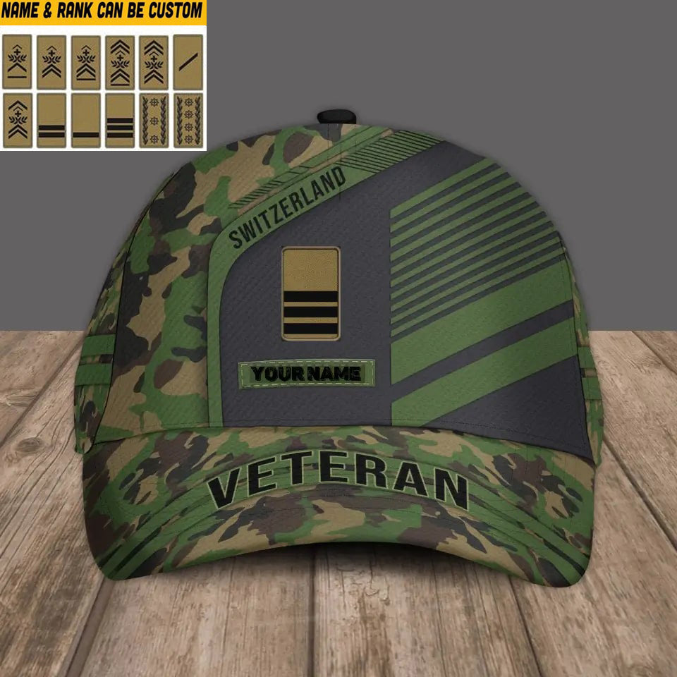 Personalized Name And Rank Swiss Camo Baseball Cap Soldier/Veteran - 16847136 - D04