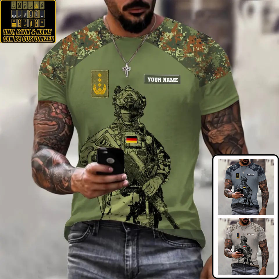 T-shirt personnalisé avec camouflage soldat/vétéran allemand avec nom et grade imprimé en 3D -0512230001