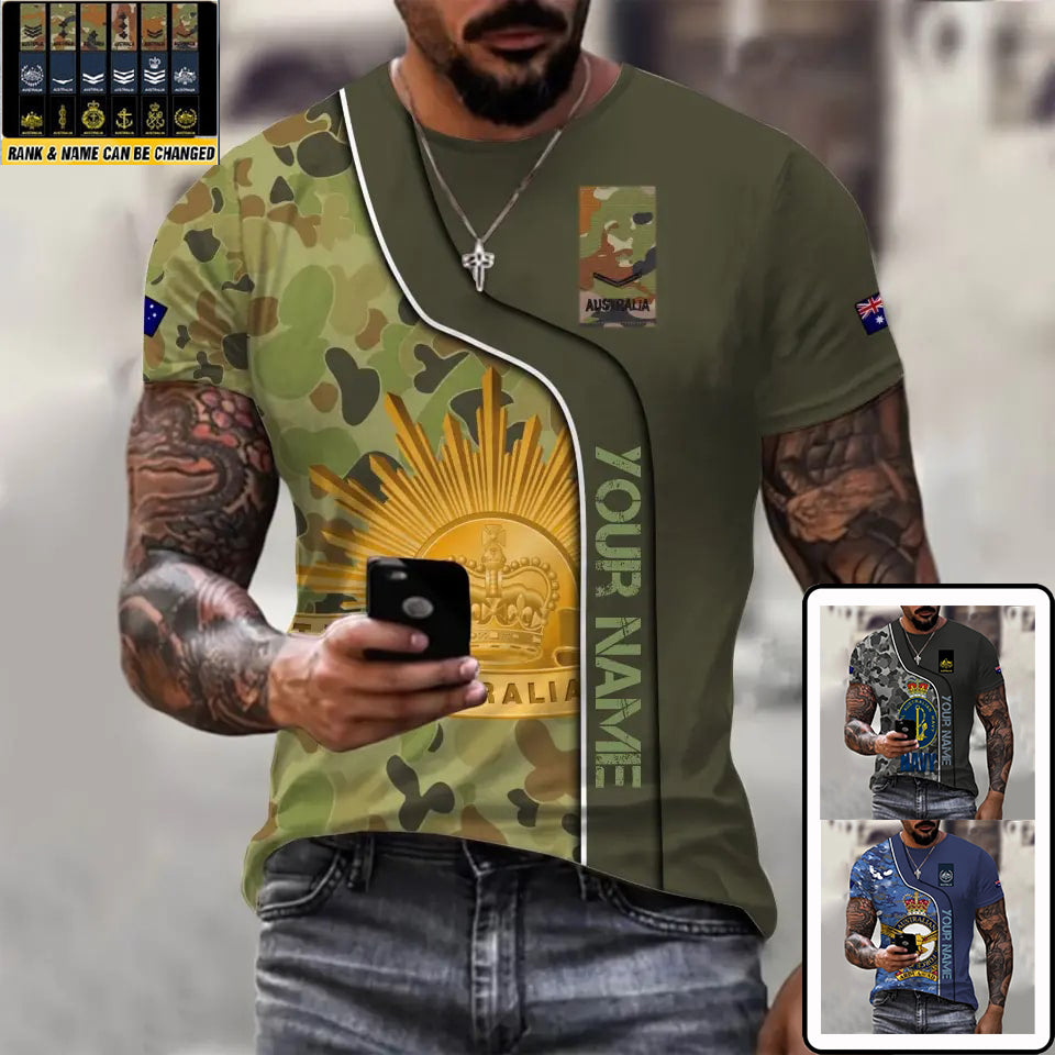 T-shirt personnalisé avec camouflage soldat/vétéran australien avec nom et grade imprimé en 3D - 0811230016