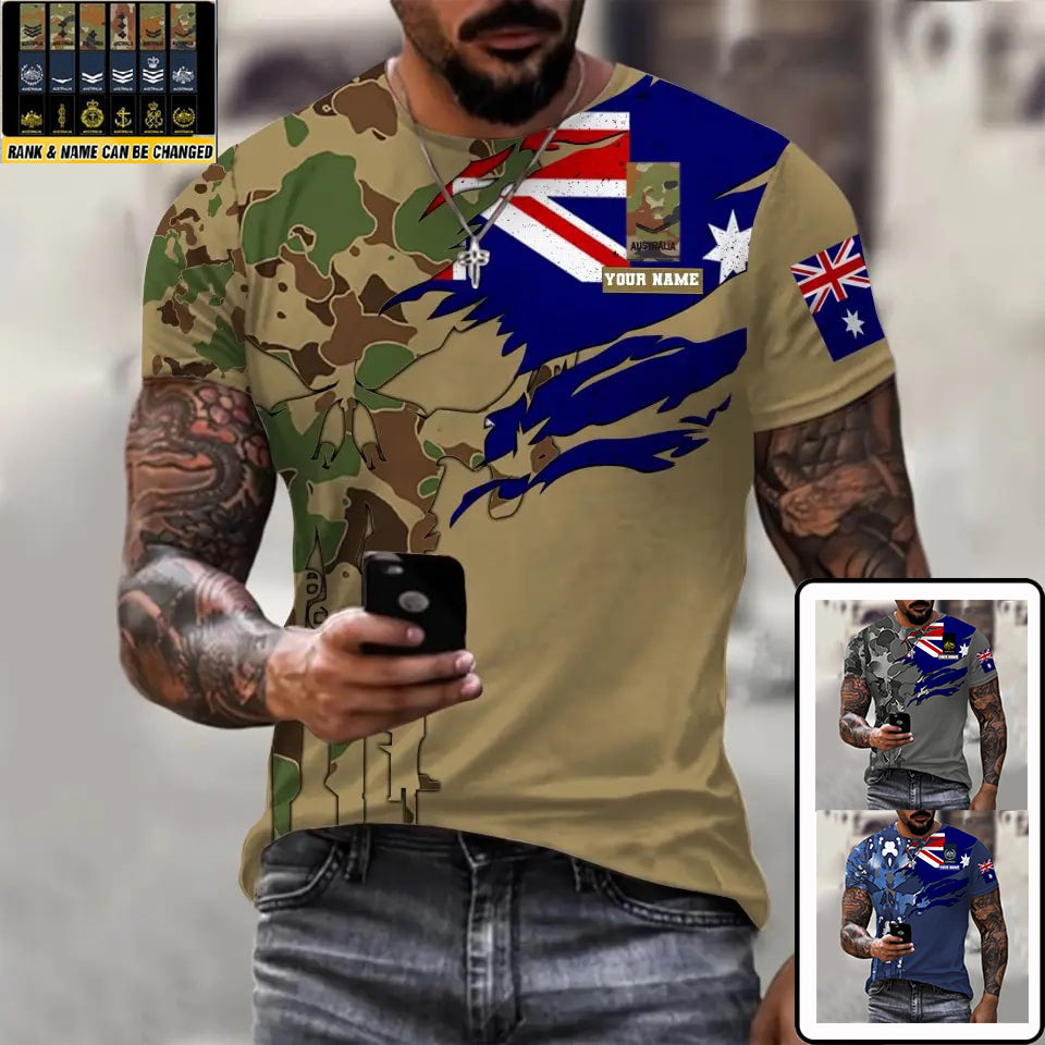 T-shirt personnalisé avec camouflage soldat/vétéran australien avec nom et grade imprimé en 3D - 0811230015