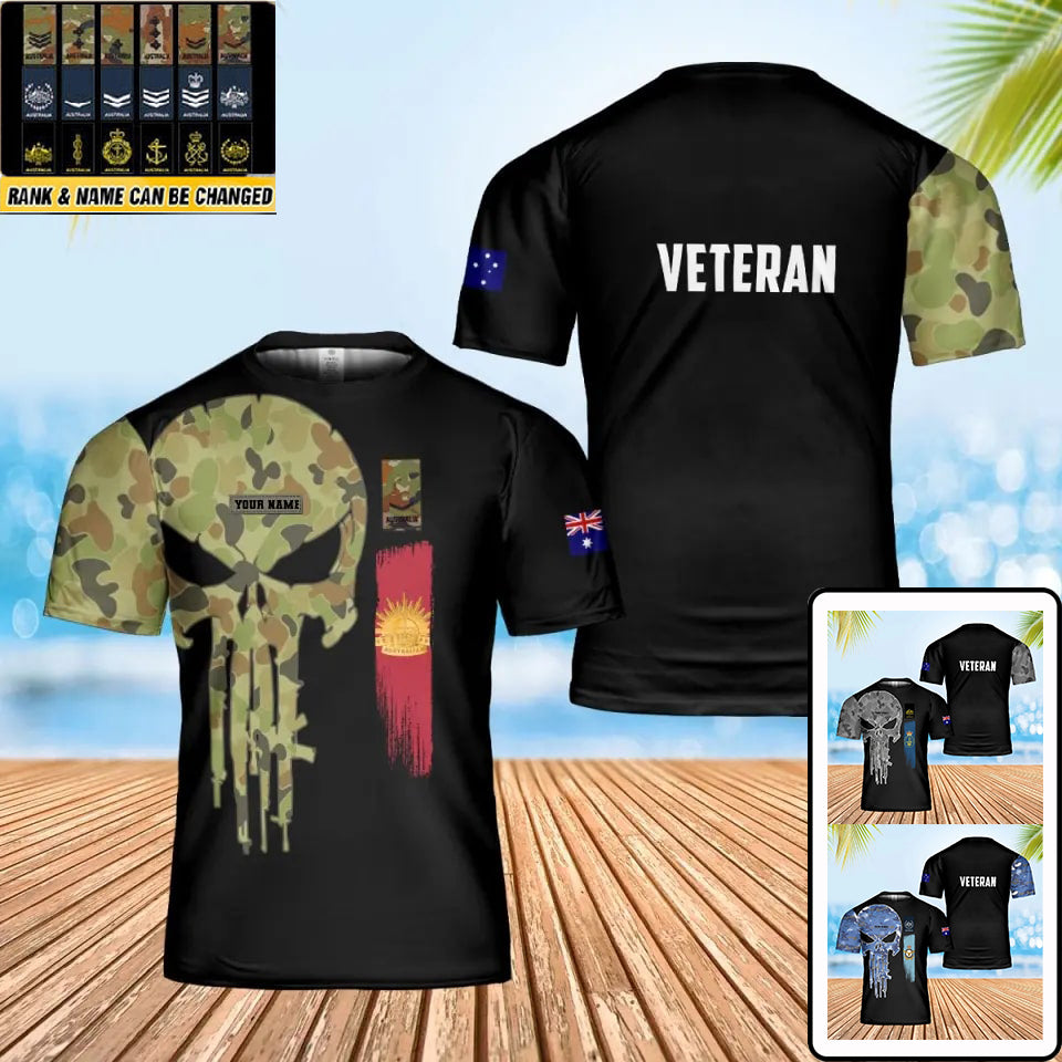 Personalisiertes T-Shirt mit australischem Soldaten-/Veteranen-Tarnmuster mit Namen und Rang, 3D-Druck – 0102240004