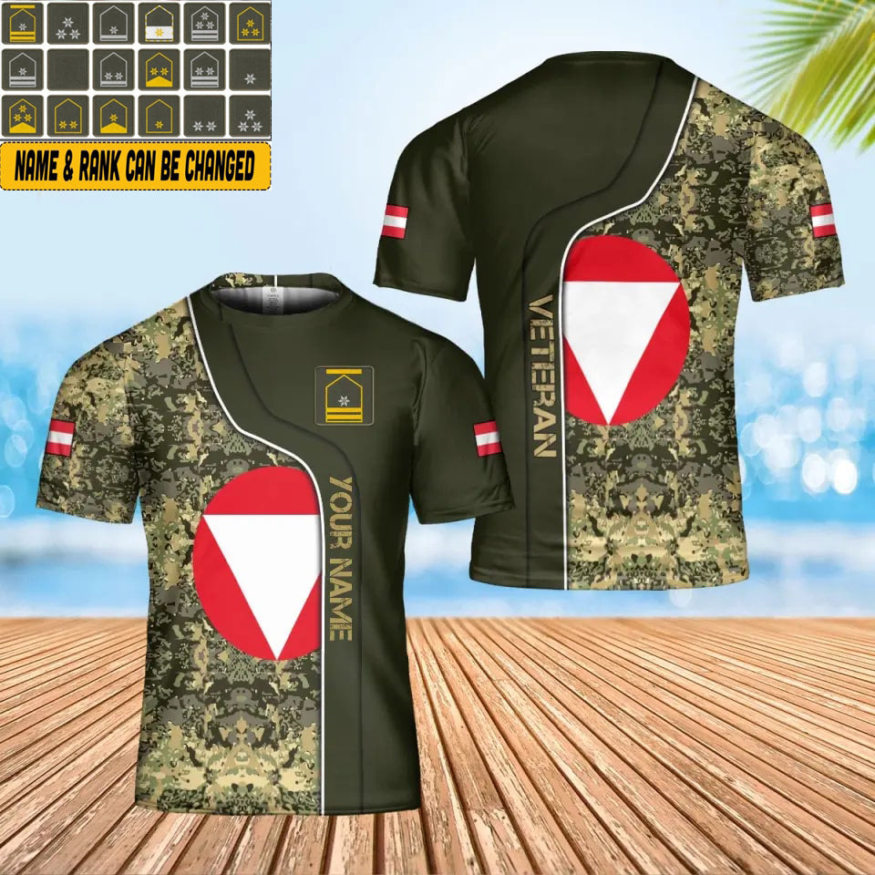 Personalisiertes Österreichisches Soldaten-/Veteranen-Tarn-T-Shirt mit Namen und Rang, 3D-Druck – 2001240001