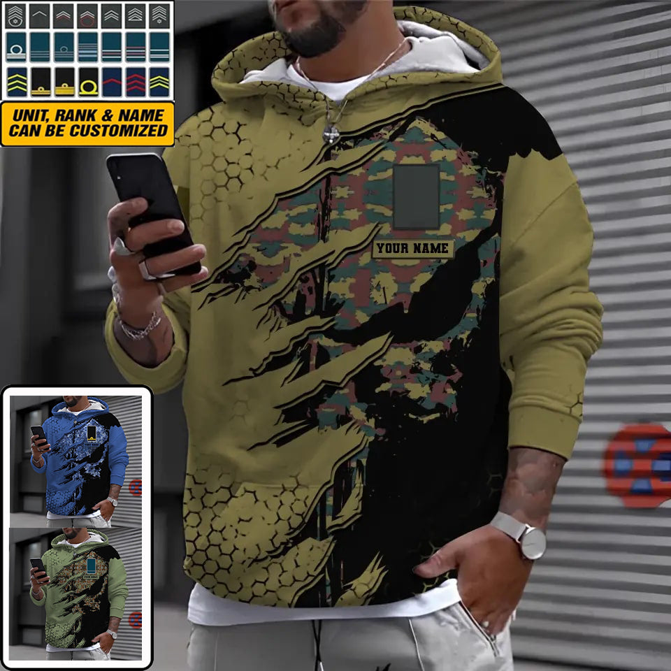 Personalisierter Kapuzenpullover mit Camouflage-Muster für belgische Soldaten/Veteranen mit Namen und Rang – 1698883201