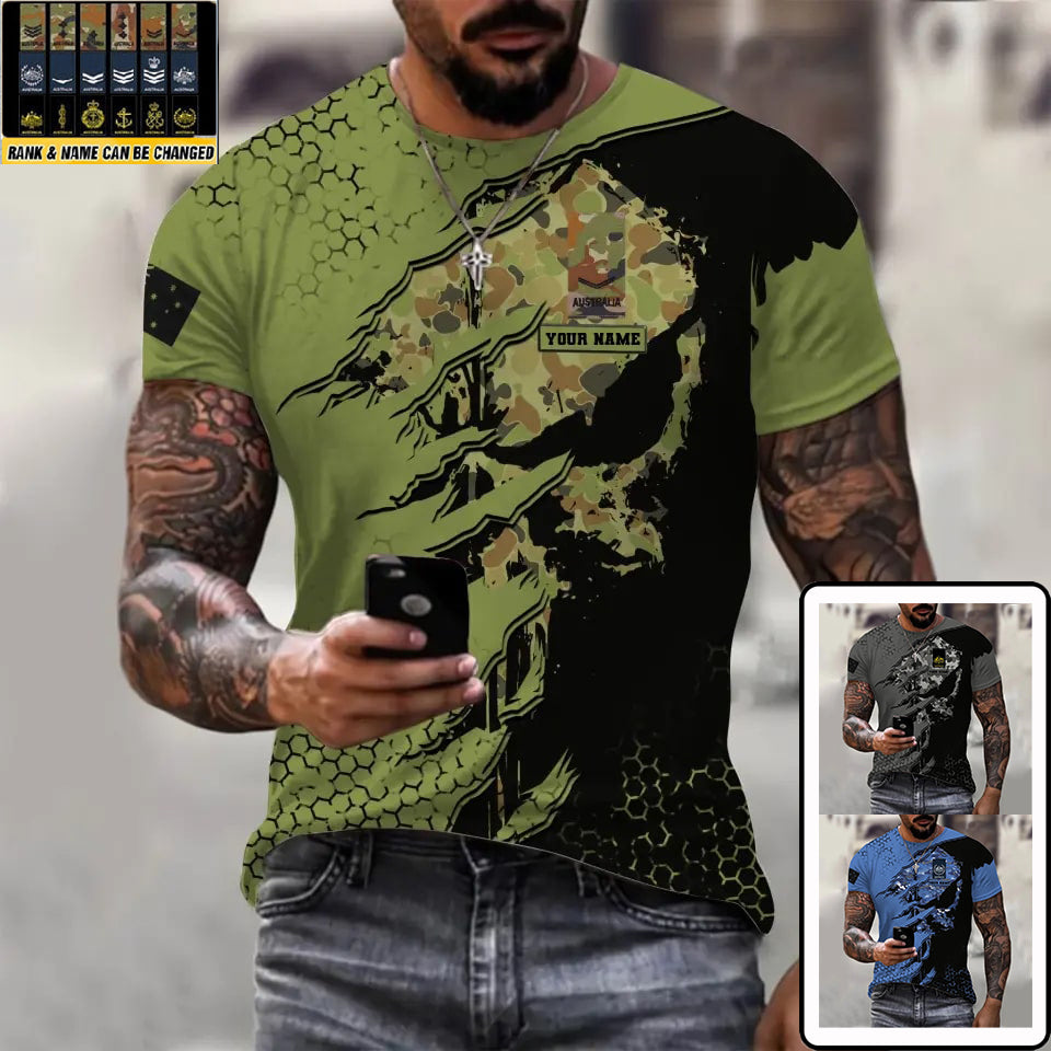 T-shirt personnalisé avec camouflage soldat/vétéran australien avec nom et grade imprimé en 3D - 0811230013