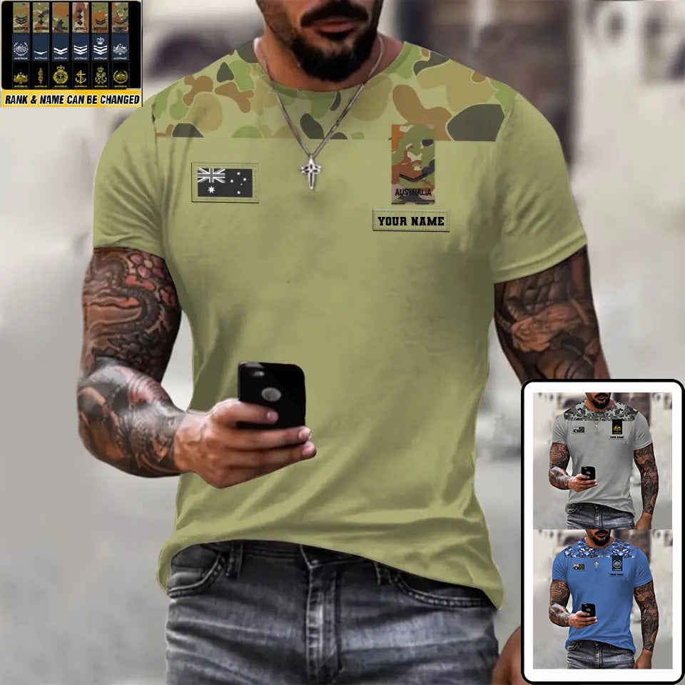 T-shirt personnalisé avec camouflage soldat/vétéran australien avec nom et grade imprimé en 3D - 0811230012