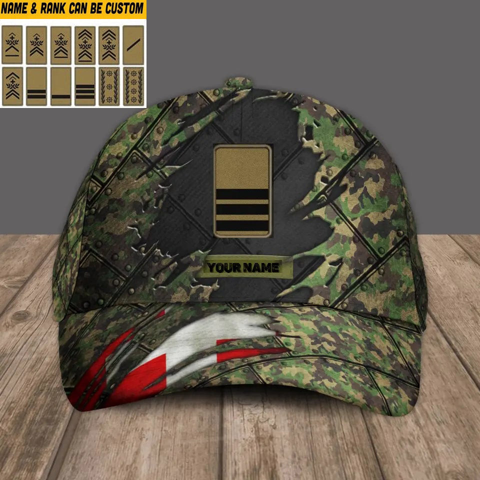 Baseballkappe mit Schweizer Camouflage-Muster, personalisierbar mit Namen und Rang, Soldat/Veteran – 1805230003