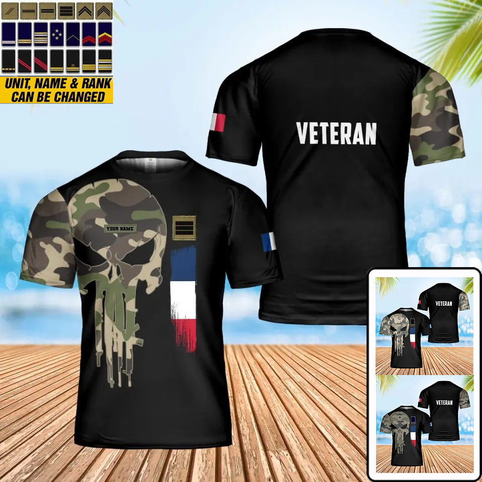 Personalisiertes T-Shirt mit französischem Soldaten-/Veteranen-Tarnmuster mit Namen und Rang, 3D-Druck – 0402240001