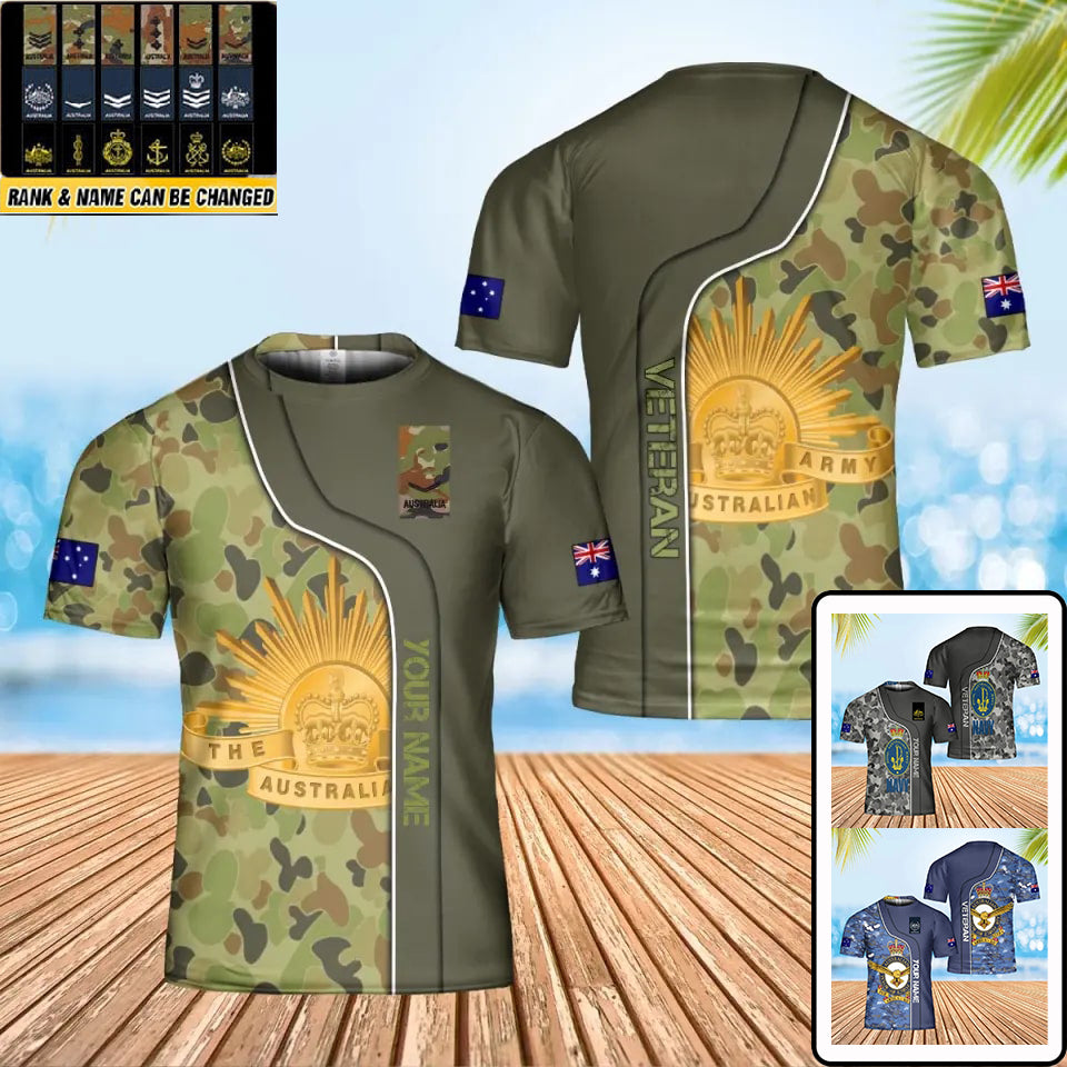 T-shirt personnalisé avec camouflage soldat/vétéran australien avec nom et grade imprimé en 3D - 0102240005